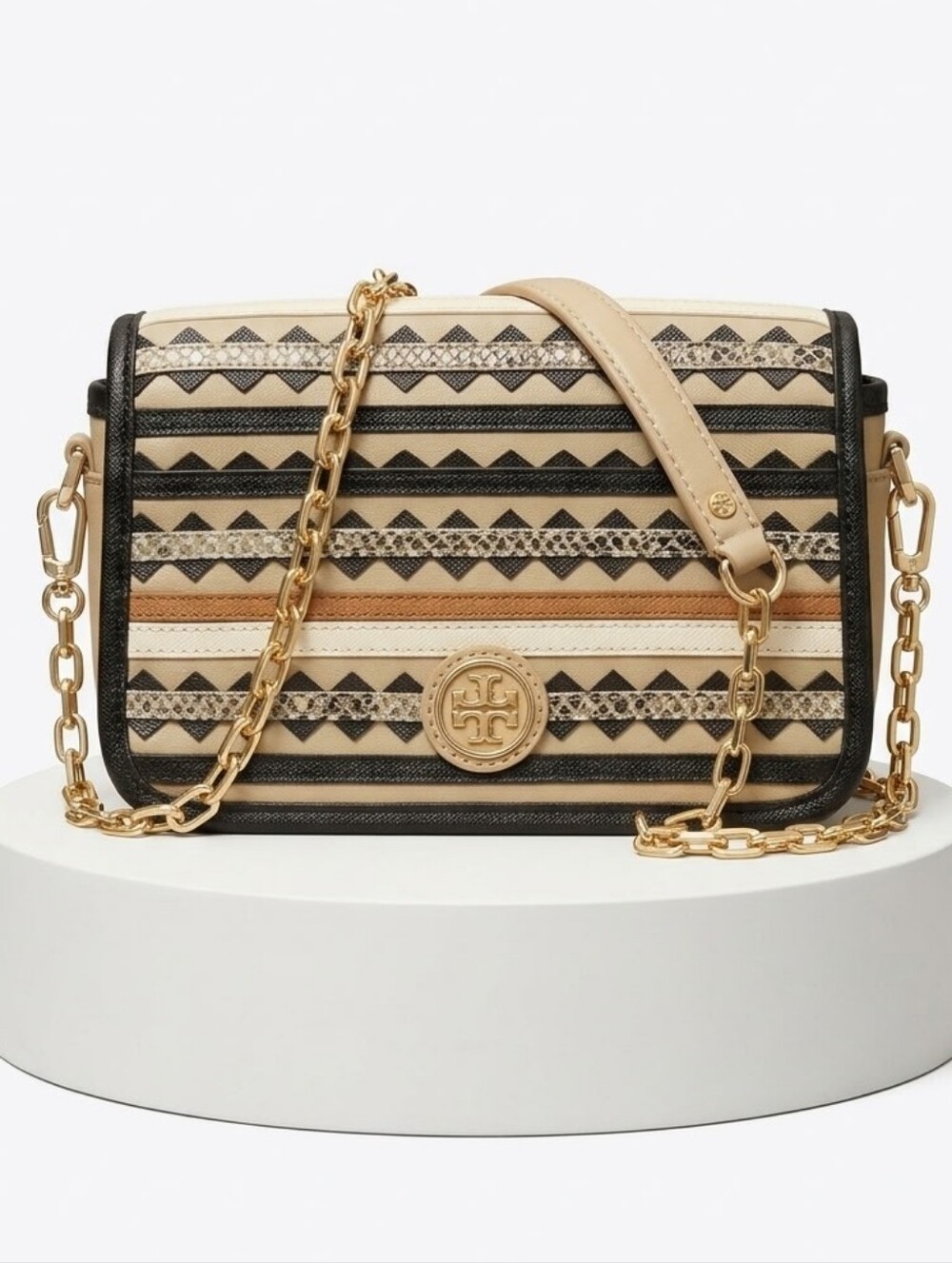 Tory Burch Beige Black Patterned Chain CrossbodyTory Burch Robinson Zig-Zag Mini